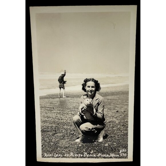 Rialto Beach Mora WA RPPC Postcard Vintage Woman with Baby Seal Snapshot - Picture 1 of 6